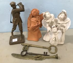 Golf Resin Figurine, Pottery Angels, Brass Decor Keys, and Brass Eagle Claw Stamp