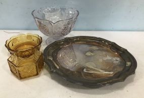 Silver Plate Tray, Pineapple Punch Bowl, and Amber Glassware