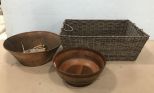 Decorative Basket, Wood Bowl, and Copper Bowl