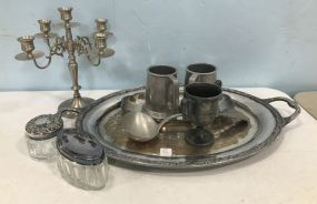 Handled Silverplate Tray, Pewter Mugs, Silver Plate, and Metal Candle Holder