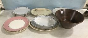 Porcelain Platters, Plates, and Wood Serving Bowl