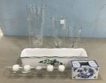 Three Glass Lantern Shades, Ceramic Italian Planter and Blue & White Flower Frog