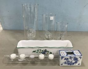 Three Glass Lantern Shades, Ceramic Italian Planter and Blue & White Flower Frog