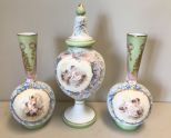 Antique Three Piece Hand Painted French Opaline Glass Mantel Set