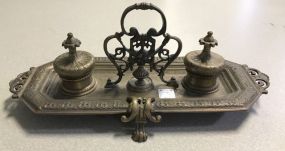Large Antique Footed Bronze Double Inkwell Stand