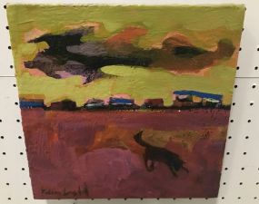 Ellen Langford Painting of Dog and Town Sky Line