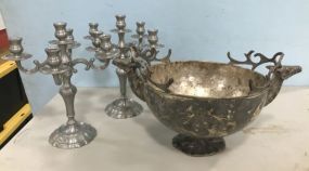 Silver Plate Stag Serving Bowl and Pair of Metal Candelabras