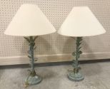 Pair of Distressed Painted Metal Leaf Design Table Lamps