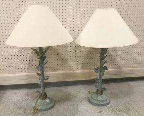 Pair of Distressed Painted Metal Leaf Design Table Lamps