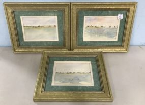 Three Framed Watercolors of River Homes