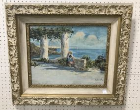 Oil Painting of Girl by Seashore, Signed