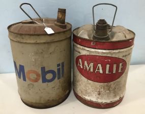 Two Vintage Mobile and Amalie 5 Gallon Gas Jugs