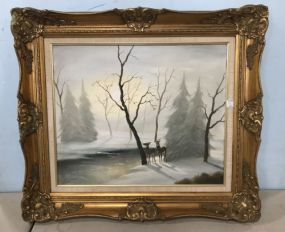 Painting of Deer in the Woods, Signed