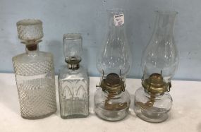 Pair of Clear Glass Oil Lamps and Decanters