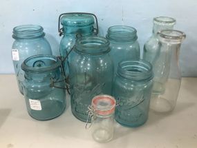 Group of Ball Mason Jars and Milk Bottles