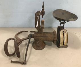 Vintage Postal Scale, Meat Grinder, and Old Log Tongs