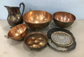 Round Brass Bowls, Silver Plate Pitcher, Trivet Stands