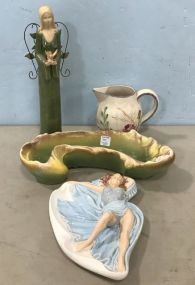 Vintage Pottery Dish, Ceramic Lady, Glazed Pottery Angel, and Hand Painted Under Glazed Pitcher