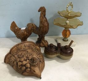 Vintage Glass Two Tier Pedestal, Pottery Wall Urn, Two Rosters, and Jellys