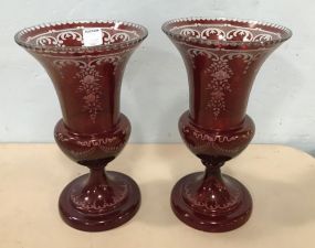 Pair of Bohemian Crystal Ruby Red Cut to Clear Vases