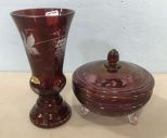 Bohemian Crystal Ruby Red Cut to Clear Vase and Covered Candy Dish