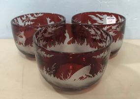 Three Bohemian Ruby Red Cut To Clear Bowls