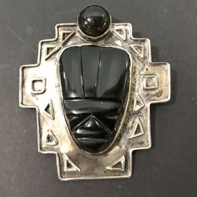 Large Vintage Sterling and Black Onyx Mask Face Brooch