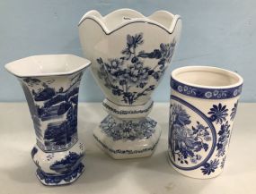 Three Blue and White Pottery Vases