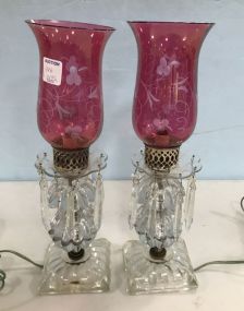 Vintage Pair of Glass and Cranberry Shade Lamps