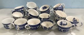 23 Japanese Willow Ware Style Blue and White Cups