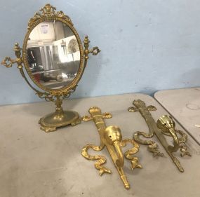 French Style Brass Vanity Mirror and Two Brass Wall Candle Sconces