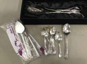 Silver Plate Demi Tasse Spoons, Two Sterling Spoons, Silver Plate Tongs, and Knives