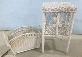 White Wicker Side Table and Magazine Rack