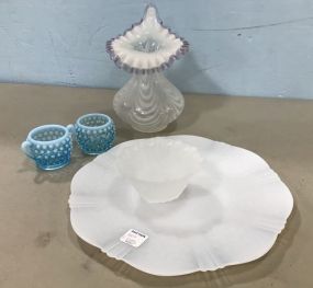 Swirl Glass Vase, Hobnail Creamer, Sugar, and Opalescent Plate and Bowl