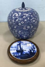Modern Chinese Ginger Jar and Blue & White Wall Plaque