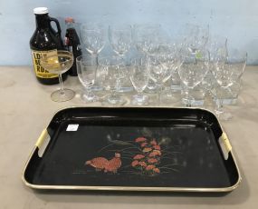 Group of Clear Glass Stemware, Bottles, and Serving Tray