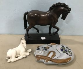 Resin Bronzed Color Horse Statue, USSR Porcelain Horse, and Hand Painted Mexico Cat Pottery