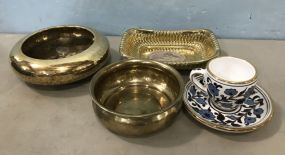 Three India Brass Dishes and Hand Painted Cup & Saucer