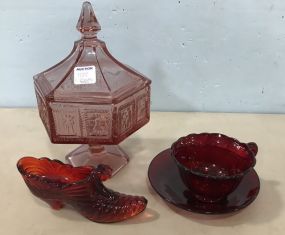 Pink Candy Dish, Red Slipper Shoe, and Red Cup & Saucer