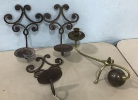 Three Metal Candle Sconces and Brass Decorative Candle Holder