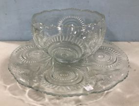 Large Vintage Pressed Glass Punch Bowl and Under Plate