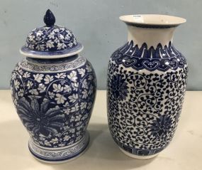 Two Modern Blue and White Oriental Style Vase and Urn