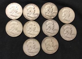 Ten Franklin Half Dollar Coins