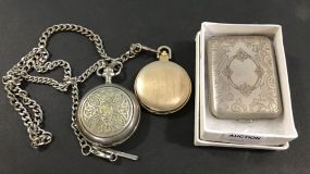 Two Pocket Watches and Silver Plate Powder