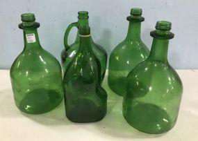 Five Vintage Green Glass Jugs