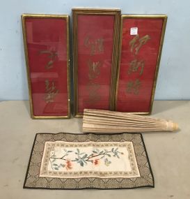Three Hand Painted Chinese Panels, Needle Point Silk, and Umbrella Top