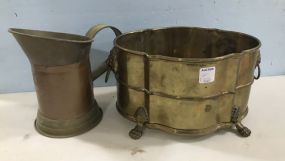 India Brass Lion Head Footed Bucket and Pitcher