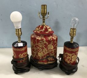 Three Red and Gold Porcelain Lamps