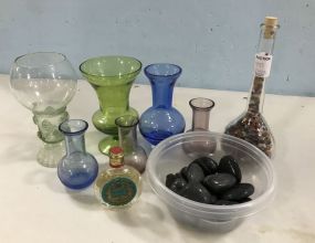 Assorted Colored Glass Vases and Collectible Stones
