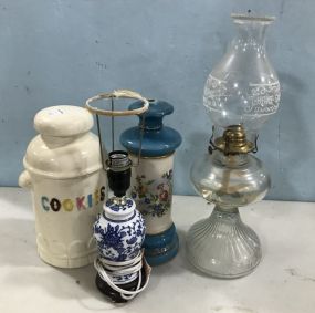 Pottery Lamp, Glass Globe Lantern, and Ceramic Cookie Jar